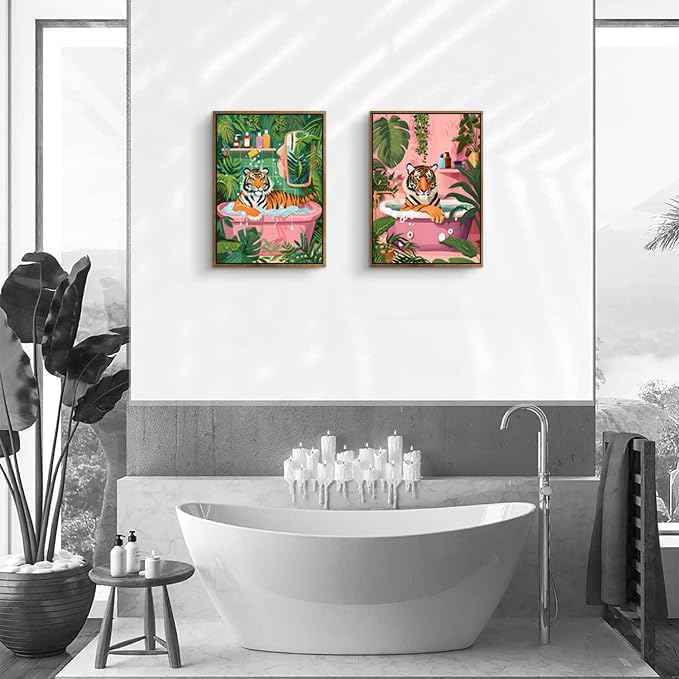 ARTZIO Framed Canvas Wall Art–Whimsical Tiger in Bathtub Jungle Bath Decor,Funny Animal Wall Art for Bathroom,Living Room & Home Office–Set of 2 (12×16″)