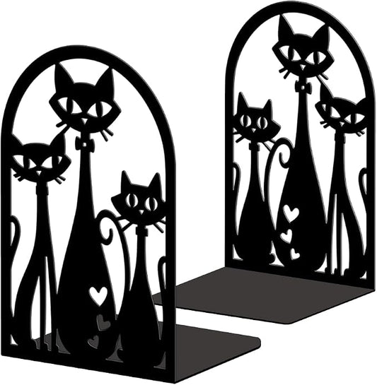 Peacoblue Metal Bookends for Shelves, Modern Decorative Heavy Duty Study Book Ends Stoppers for Office Desk Shelf, Room 5.3"x4.3"x7.9" Cast Iron Tall Bookends 1 Pair (Abstract Art Cat)