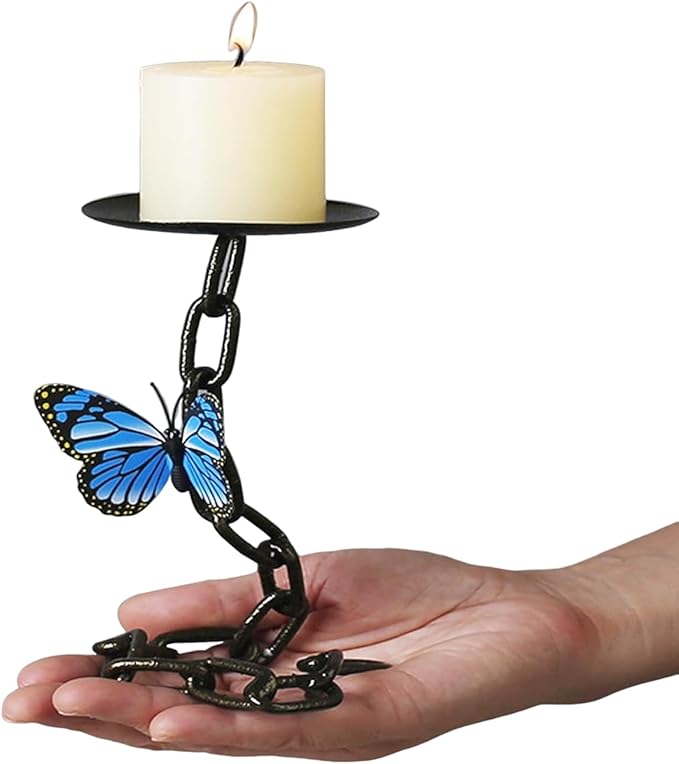 (2 Pack) Matte Black Iron Pillar Candle Holder, with 1 Magnetic Butterfly, Vintage Decor，Candle Holders for Living Room Decoration,Table Decor Without Candles