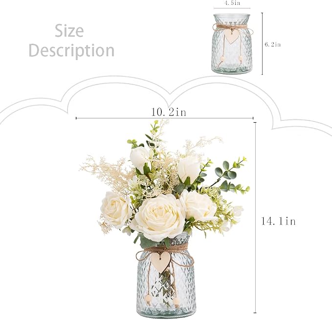 Silk Flowers with Vase, Artificial Flowers Arrangement with Glass Vase Faux Rose for Decoration Table Centerpiece (White Rose)