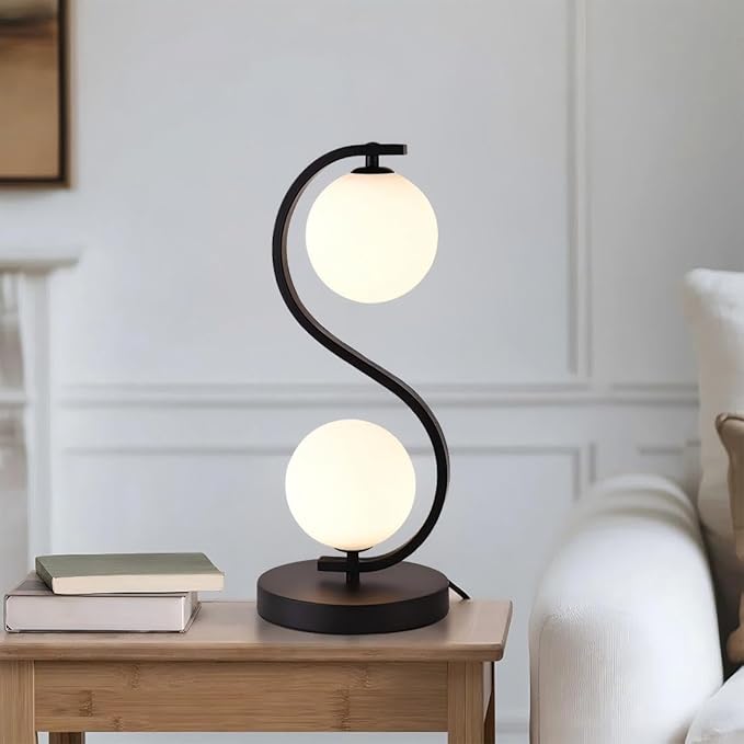 Modern Black S-Shaped Table Lamp 2-Lights Globe Glass Desk Lamp Plug in Metal 3 Color Temperatures Bedside Light Fixtures for Bedroom Living Room Office Study Corner