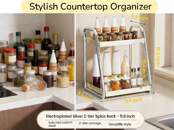 2 Tier Metal Spice Rack Pantry storage tall bottle seasoning Kitchen shelf Coffee syrup rack Coffee Bar accessories Make-up Perfume Organizer for bathroom counter coffee stand countertop Red, 15.8”
