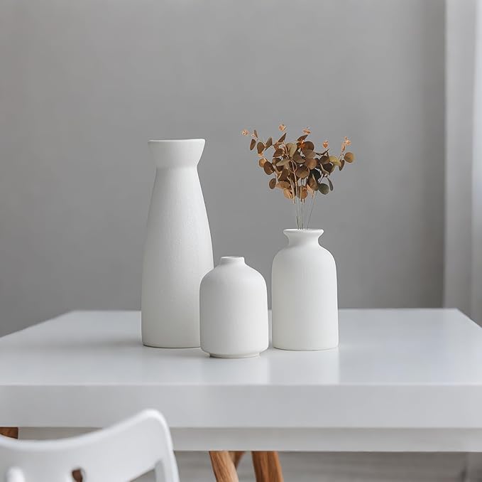 Distressed Ceramic Vase Set of 3, Modern Bohemian Farmhouse Home Decor, Pampas Grass Dried Flowers Vases for Living Room, Dining Room, Bedroom, Kitchen, Bathroom, Office, Entryway (White)