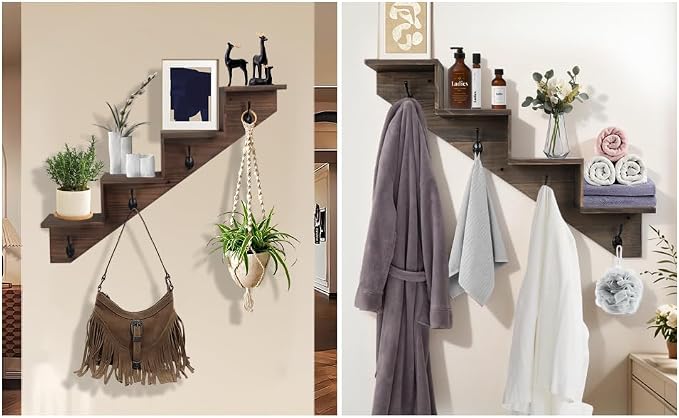 Hookmous Coat Rack Wall Mount with Shelf, Brown Wall Shelf with Hooks, Sturdy Wooden Fall Staircase Shelves, Space-Saving Decorative Organizer for Entryway, Mudroom, Hallway, Living Room, Bedroom