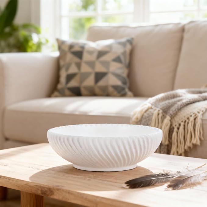 Large Resin Decorative Pedestal Bowl for Home Decor - White Ribbed Fruit Bowl For Kitchen Counter Or Table Decor - Key Bowl for Entryway Table Decor - Centerpiece Bowls for Keys, Fruit, Candy