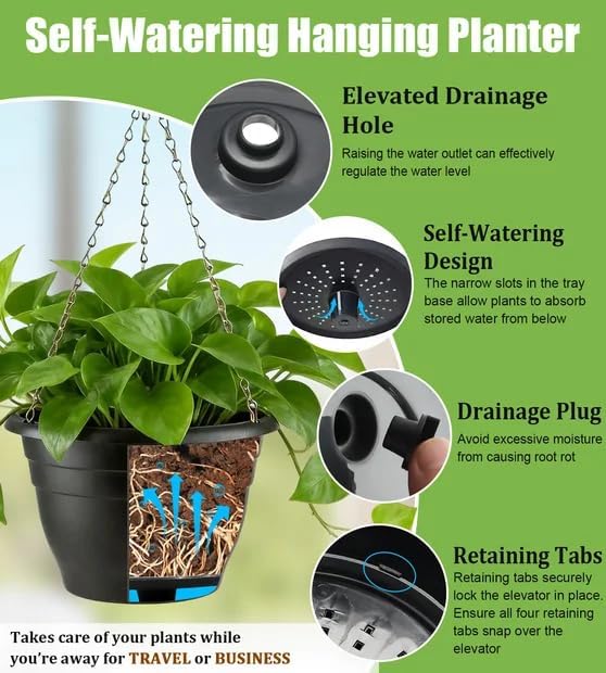 RooTrimmer Hanging Planters 11 Inch, 3 Pcs Flower Pots with Drainage Hole, Self Watering Hanging Basket for Indoor Outdoor Plants, Decor, Black