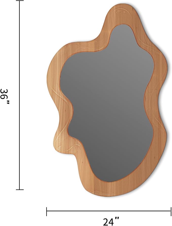 36" x 24" Irregular Wall Mirror, Wooden Framed Asymmetrical Wavy Wall Mirror for Living Room Bedroom Entryway Bathroom Modern Decorative, Hanging Hooks