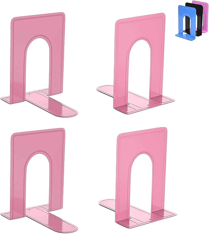 Optomni Bookends, Book End Supports Heavy Duty Metal Bookend Support, Book Ends Supports for Shelves Decor Home Office School (2 Pairs/4 Pieces, Pink)