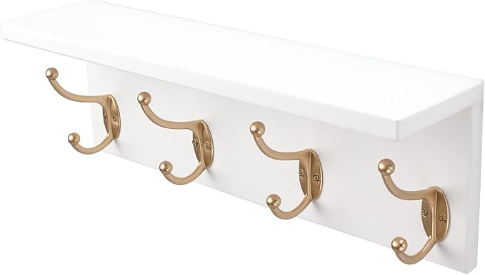 SANY DAYO HOME Wall Mounted Pine Wood Coat Rack with Shelf and 4 Heavy Duty Two-Prong Hooks for Entryway, Kitchen, Bathroom, Bedroom, Laundry (16 x 5 x 4 inches, White and Gold)
