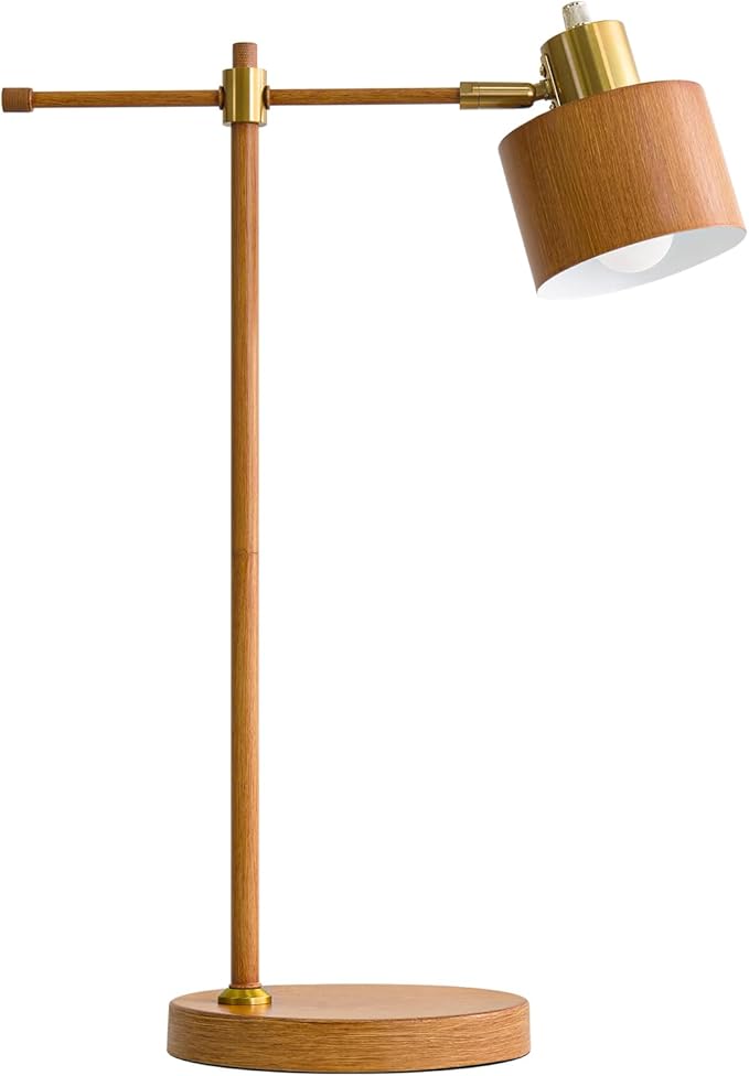 OYEARS 22.2" Mid Century Desk Lamp, Modern Metal Table Lamp with LED Bulb, Adjustable Reading Lamps, Industrial Task Lamp for Home Office, Farmhouse Bedside Lamps with Solid Base, Woodgrain