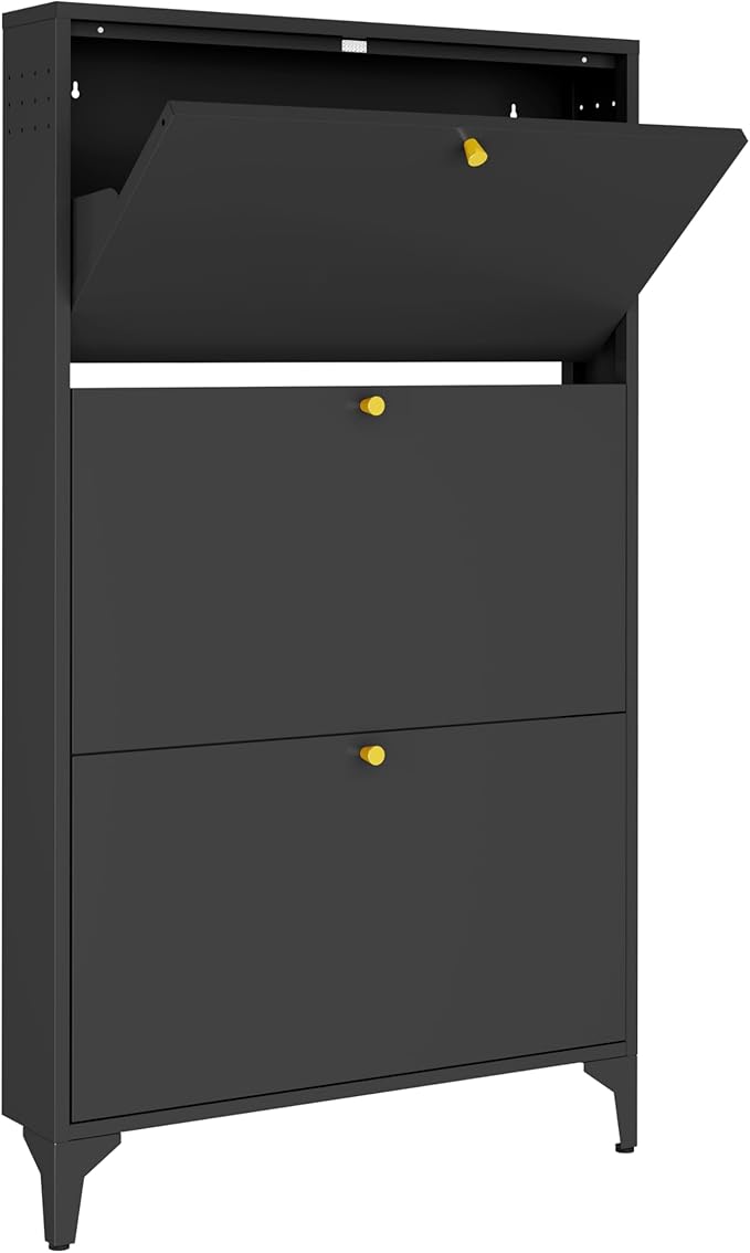 Slim Shoe Cabinet with 3 Flip Drawers,Narrow Shoe Cabinet,Freestanding Organizer,Metal Hidden Shoe Storage for Entryway,Hallway,Living Room(Width 27.56, Black)