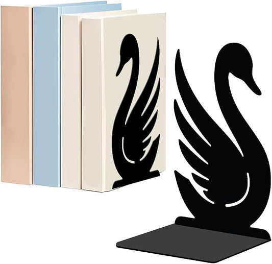 WADORN 1 Pair Swan Metal Decorative Bookend for Shelves, Heavy Duty Book Ends Modern Non-Skid Books Holder Stand Black Book Support Stoppers for Desk Bookshelf Office Home, 5.3x4.3x7.8 Inches