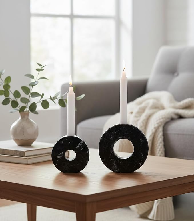 Marble Taper Candle Holders Set of 2 Black Elegant Candlestick Holders for Table Decor, Living Room & Home Centerpieces, Perfect for Pillar Candles & Gifts