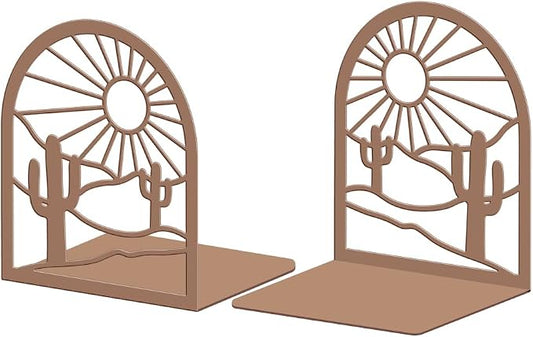 Peacoblue Metal Bookends for Shelves, Modern Decor Heavy Duty Study Book Support Stoppers for Office, Desk, Shelf, Room 5.3"x4.3"x6.1" Cast Iron Simple Brown Book Ends, 1 Pair (Bohemian Landscape)