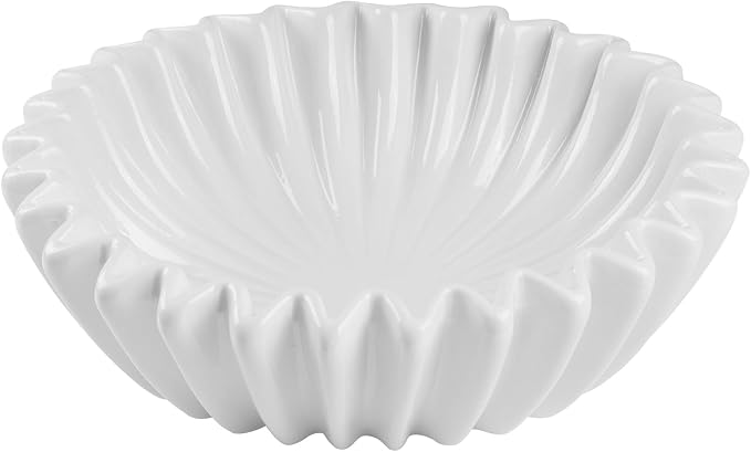 Large Ceramic Fruit Bowl Ivory Decorative Bowl for Coffee Table Entryway Kitchen Modern Home Decor Centerpiece 9.5 Inches Ruffle Fluted Scalloped Bowl