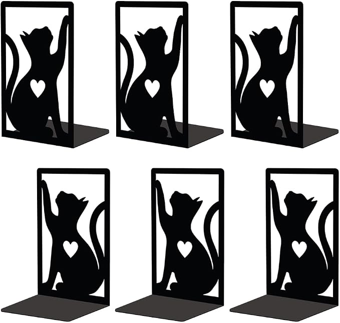 Peacoblue Metal Bookends for Shelves, 3 Pair of Study Cast Iron Cute Cats Rustic Book Stoppers Support Holder Bookends Used on Desk Shelf Farmhouse Room for Small Heavy Duty Books 4.7"x3.5"x7" (Cats)