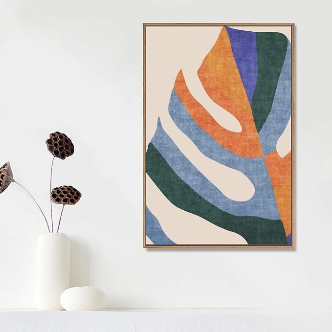 IDEA4WALL Framed Canvas Print Wall Art Orange, Blue & Green Abstract Monstera Leaf Geometric Shapes Illustrations Modern Art Mid-Century Modern for Living Room, Bedroom, Office - 24"x36" Natural