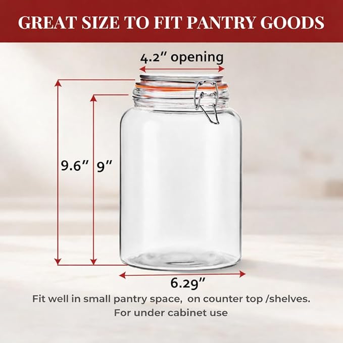 1 Gallon Wide Mouth Glass Jars, Airtight Leakproof Canisters with Lids, Clear Food Storage Containers for Pantry Kitchen, Great for Flour Sugar Rice Dry Goods, Pickling Fermenting, 2 Pack