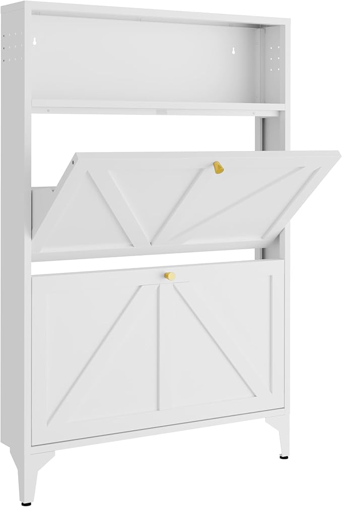 Silm Shoe Cabinet with 2 Flip Drawers,Hidden Shoe Storage Cabinet,Metal Freestanding Organizer,Narrow Shoe Cabinet Storage for Entryway,Hallway,Living Room(2 Door, White)