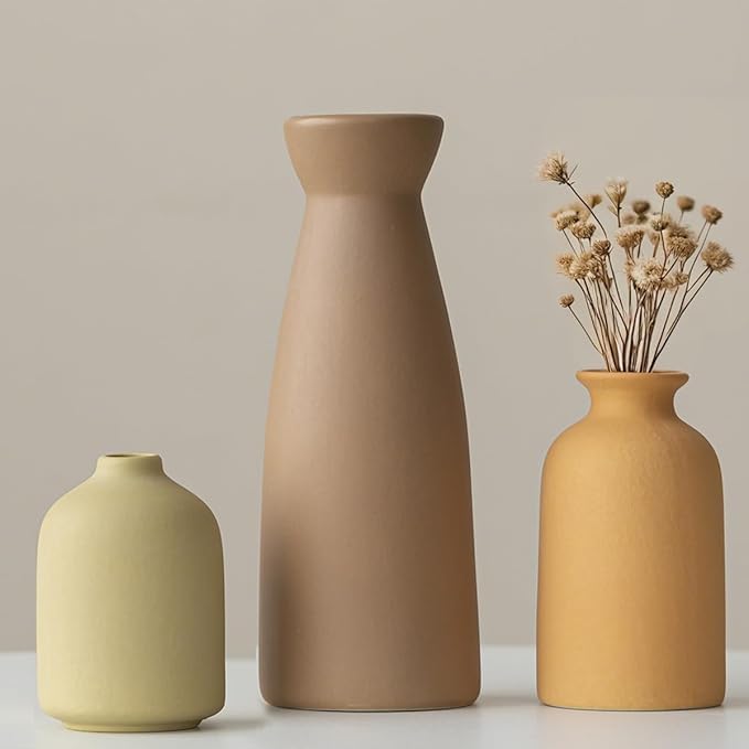 Distressed Ceramic Vase Set of 3, Modern Bohemian Farmhouse Home Decor, Pampas Grass Dried Flowers Vases for Living Room, Dining Room, Bedroom, Kitchen, Bathroom, Office, Entryway (Brown Mix)