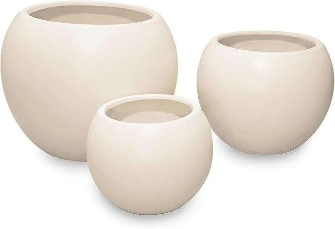 Marlo Fiberstone Round Planter (11.6" Pot Opening x 16.9"D x 13.4"H) Smooth Finishes, Lightweight, Durable, UV Resistant, Modern Minimalist Home Decor, Indoor Outdoor Pot (M, Cream White)