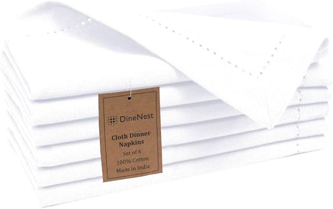 Hemstitch Dinner Napkins 100% Cotton Set of 6 - for Dining Weddings Parties Restaurants Holidays Easter Everyday Use - Soft Durable Washable Table Napkins - 18x18 Inch Cloth Napkins White