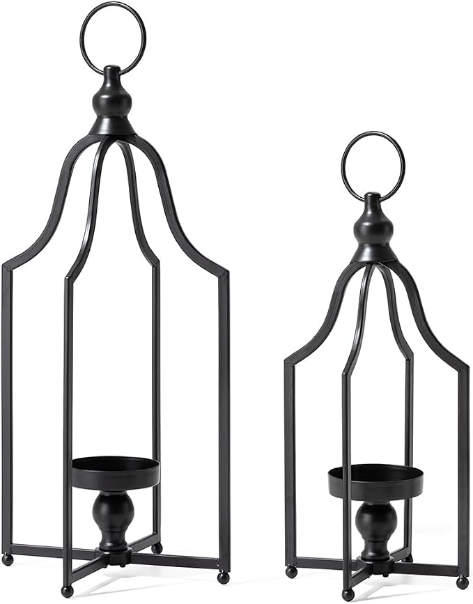 Glitzhome Set of 2 Modern Farmhouse Black Metal Lanterns Decorative Hanging Candle Lanterns for Indoor Outdoor Small&Large (No Glass)