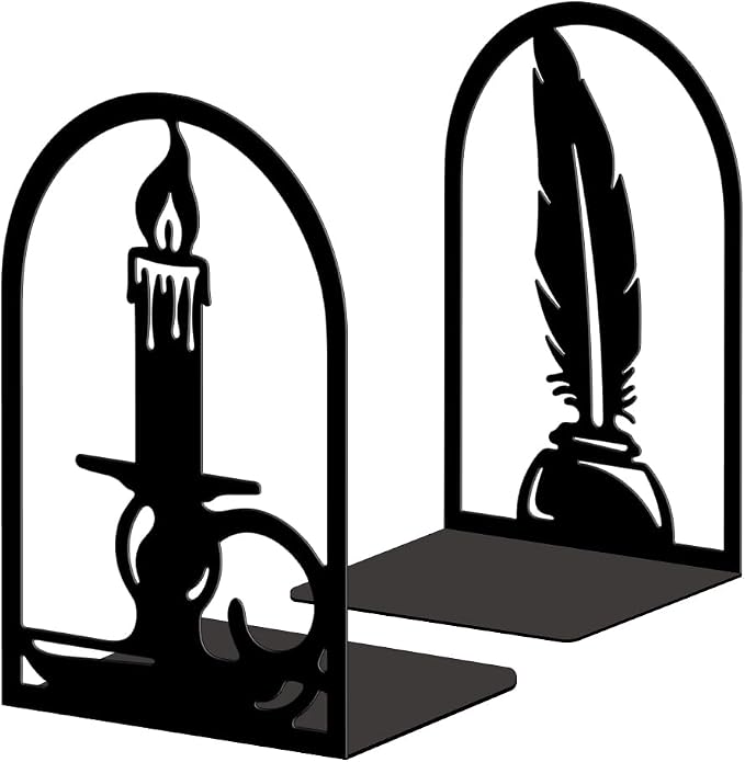 Peacoblue Metal Bookends for Shelves, Modern Decorative Heavy Duty Study Book Ends Stoppers for Office, Desk, Shelf, Room 5.3"x4.3"x7.9" Cast Iron Simple Bookends 1 Pair (Quill Pen with Candlestick)