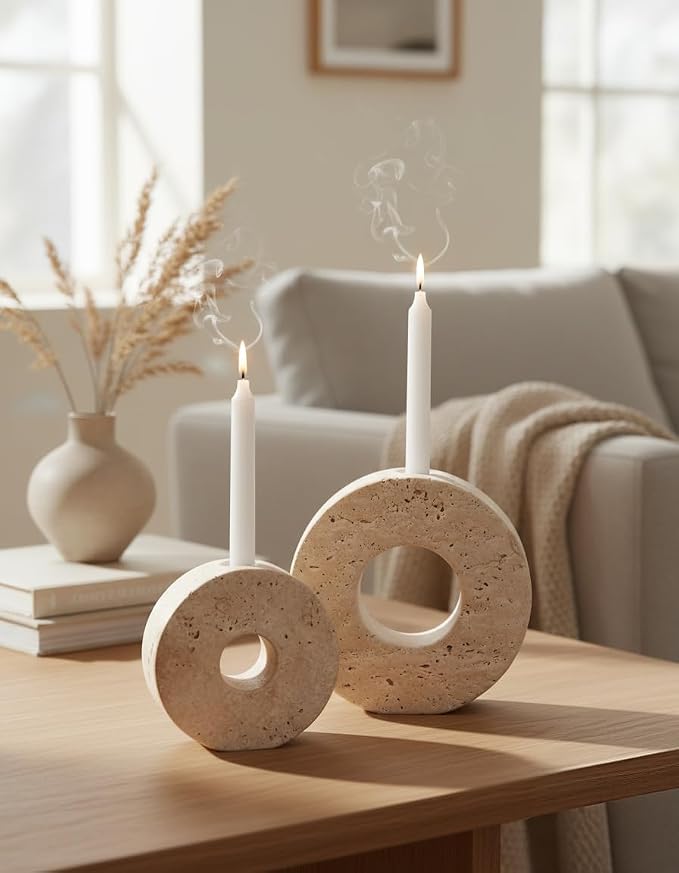 Marble Candle Holder Set of 2 Handmade Candlestick Holders for Taper Candles, Elegant Travertine Candle Stick Holders for Candlesticks, Centerpieces for Tables & Entryway Table Decor