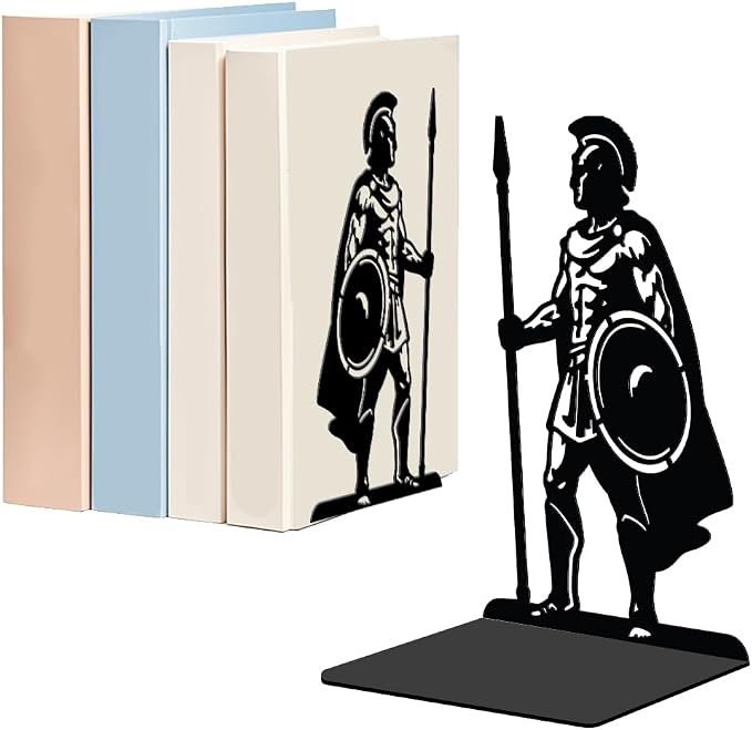 WADORN 1 Pair Spartan Guards Metal Decorative Bookend for Shelves, Heavy Duty Book Ends Modern Non-Skid Books Holder Stand Black Book Support Stoppers for Desk Bookshelf Office Home, 5.3x4.3x7.8 Inch