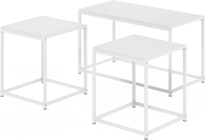Furinno CAMNUS Coffee Table, Metal Frame Modern Coffee Table and Side Tables Set, Toolless Side Table Sets, for Living Room, Bedroom, Home Office, Solid White