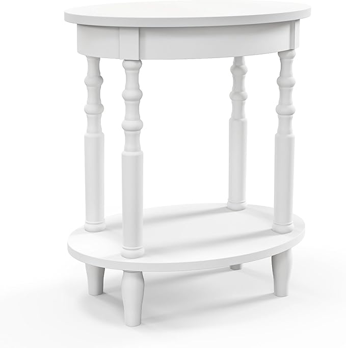 Giantex Oval End Table, 2-Tier Side Table with Storage Shelf & Solid Wood Legs, Modern Living Room Accent Table, Wood Nightstand for Bedroom, Small Space, 20.5" L x 15.5" D x 24.5" H, White