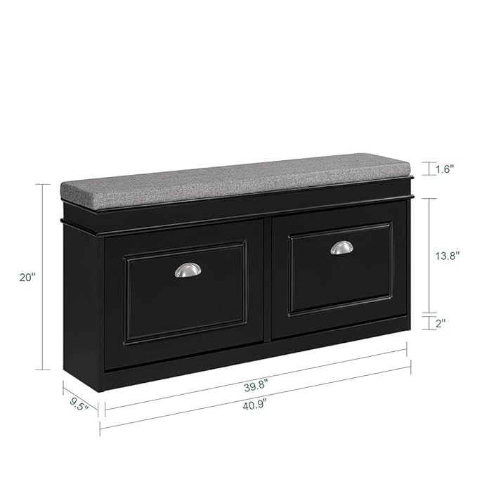 SoBuy Black Storage Shoe Bench with 2 Flip Drawers, Hidden Shoe Bench, Free Standing Shoe Rack, Shoe Cabinet, Hallway Storage Bench with Seat Cushion FSR64-SCH