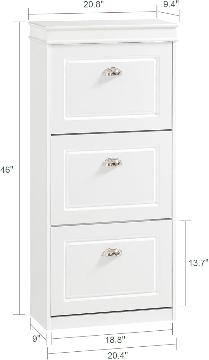 Haotian Narrow Shoe Cabinet, Slim Shoe Rack Entryway, Hidden Shoe Storage Organizer with 3 Flip Drawer for Hallway White FSR94-W