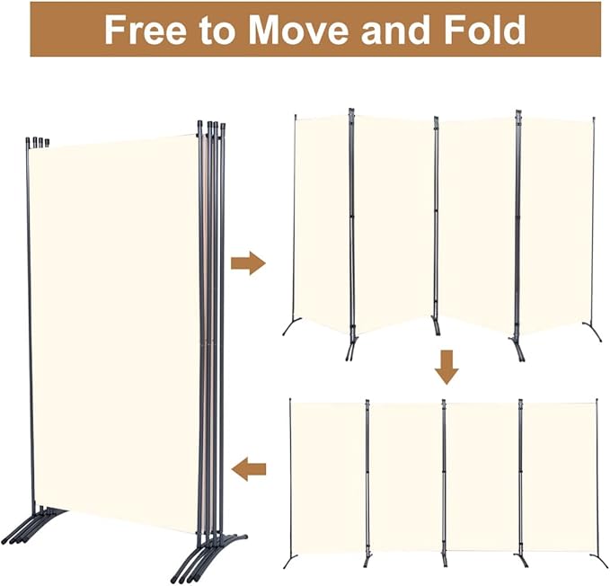 Room Divider 6FT Room Partition with Lockable Wheels, (Thicked Metal Base) Room Dividers, Freestanding Indoor Folding Privacy Screens, Portable Fabric Wall Divider for (Beige, 136"- 4 Panel)