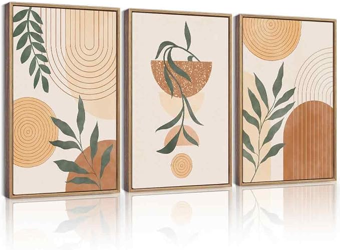 KUVIOKE Boho Wall Art Framed Botanical Mid Century Modern Wall Printing Neutral Abstract Geometric Prints Bohemain Sage Decor for Farmhouse Living Dining Room 16x24in (Natural Framed)