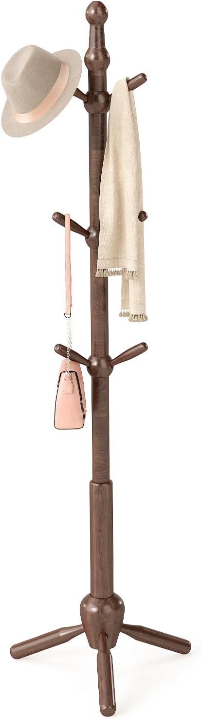 Solid Wood Coat Rack Stand, Vintage Heavy Duty Coat Hanger Stand with 9 Hooks, 3 Adjustable Size Sturdy Coat Tree for Living Room, Entryway, Office, Hallway, Brown