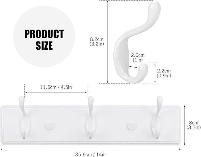 Badiano Wooden Coat Rack, Wall-Mounted Organizer for Closet, Entryway, Hallway, Foyer, Bedroom, Heavy Duty Double Hooks for Hanging Towels, Bags, Hats, Jackets, Key (White, 3 Hooks)