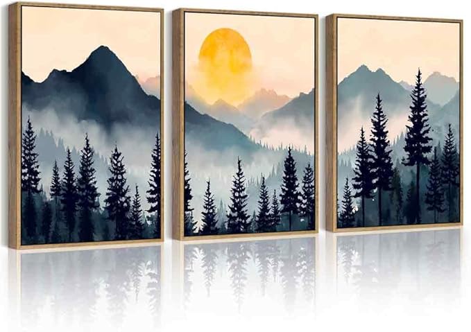 PHOPAGO Blue Fog Pine Tree Mountain Landscape Framed Wall Art Retro Watercolor Nature Misty Forest Artwork Paints Sun Rise Rustic Farmhouse Home Decor - 12x16in Natural Framed