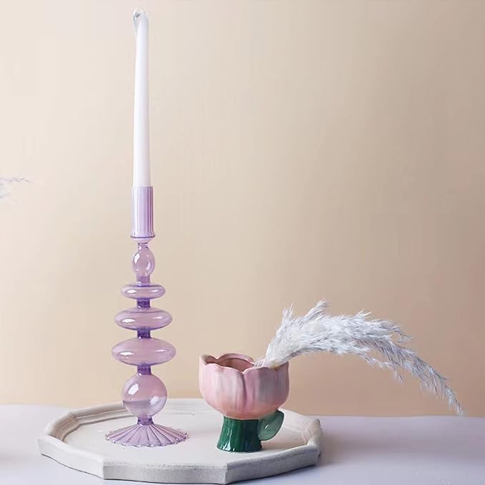 Glass Candlestick Holders Colorful Glass Taper Candle Stand Modern Elegant Candle Stick Candle Holder Glasses Vase Decor for Home Party Centerpiece(Purple A)