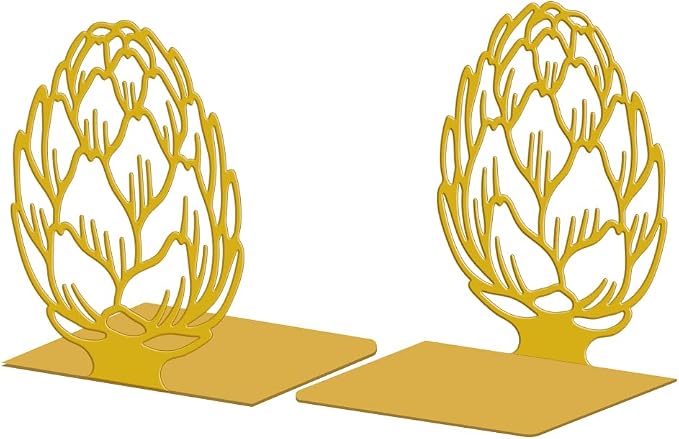Peacoblue Metal Bookends for Shelves, Modern Decorative Heavy Duty Study Book Support Stoppers for Office Desk Shelf Room 5.3"x4.3"x6.1" Cast Iron Simple Golden Book Ends, 1 Pair (Golden Artichoke)