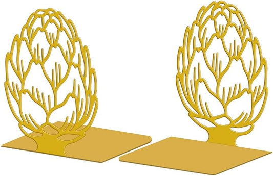 Peacoblue Metal Bookends for Shelves, Modern Decorative Heavy Duty Study Book Support Stoppers for Office Desk Shelf Room 5.3"x4.3"x6.1" Cast Iron Simple Golden Book Ends, 1 Pair (Golden Artichoke)