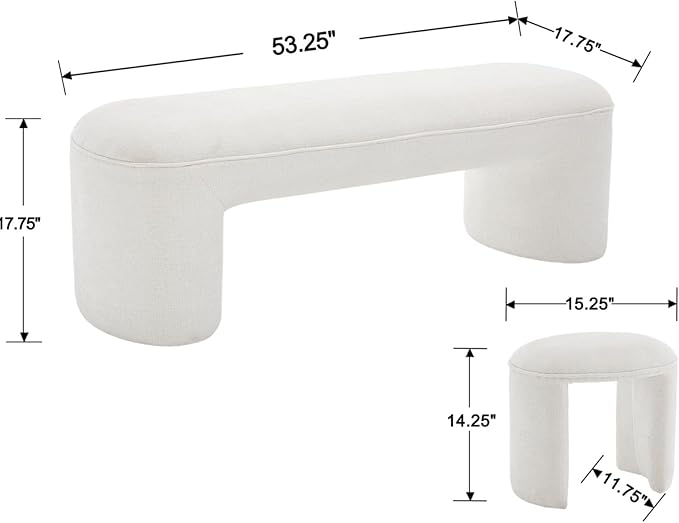 ROCITY 3-Piece Nesting Ottoman Bench Set, 53 Inch Long Bedroom Bench with 2 Foot Stools Chenille Padded End of Bed Bench Modern Upholstered Bench for Living Room, Entry, Porch, White