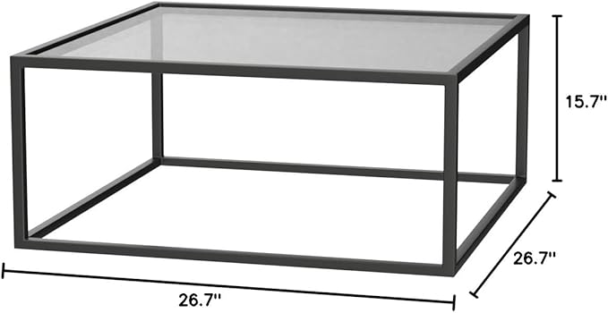 SAYGOER Black Glass Coffee Table Small Modern Coffee Tables 26.7in Square Tempered Glass-Top Accent Center Table for Living Room Home Office with Black Metal Frame Easy Assembly