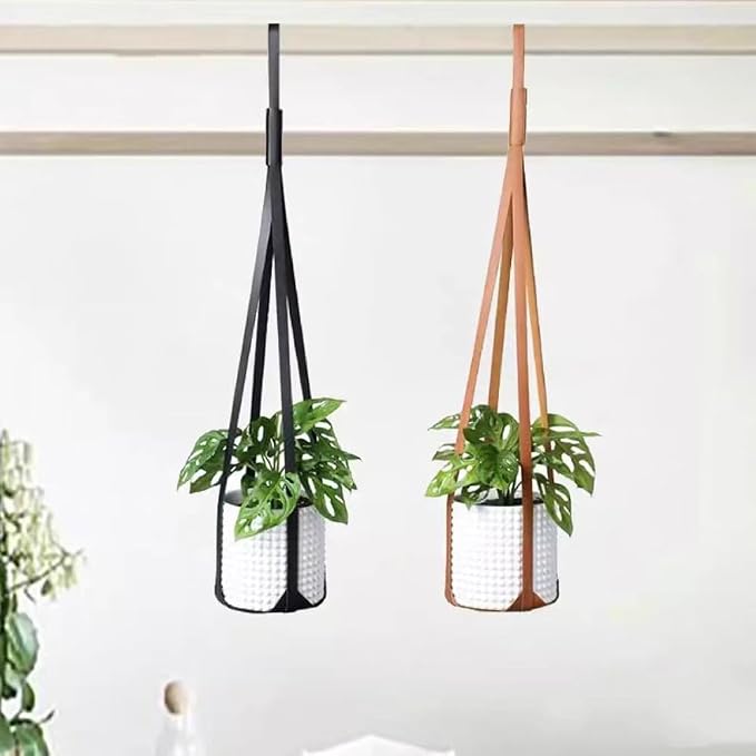 2Pcs Plant Hanger Indoor, Brown PU Leather Plant Hangers, Planter Wall Hanging Shelf Holder with Leather Rope for Home Decoration Outdoor Gardening Accessory, Plant and Pot Not Included