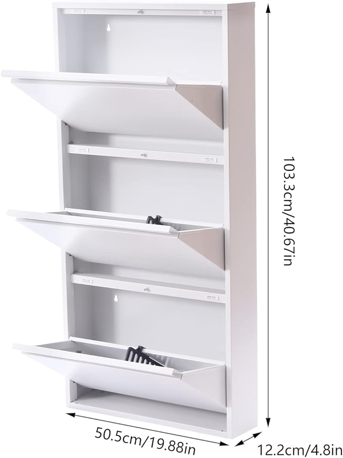 Hidden Shoe Cabinet White Metal Slim Shoe Cabinet Storage with 3 Flip Drawers Modern Entryway Wall Mount Narrow Shoe Rack for Living Room, Bedroom, Hallway