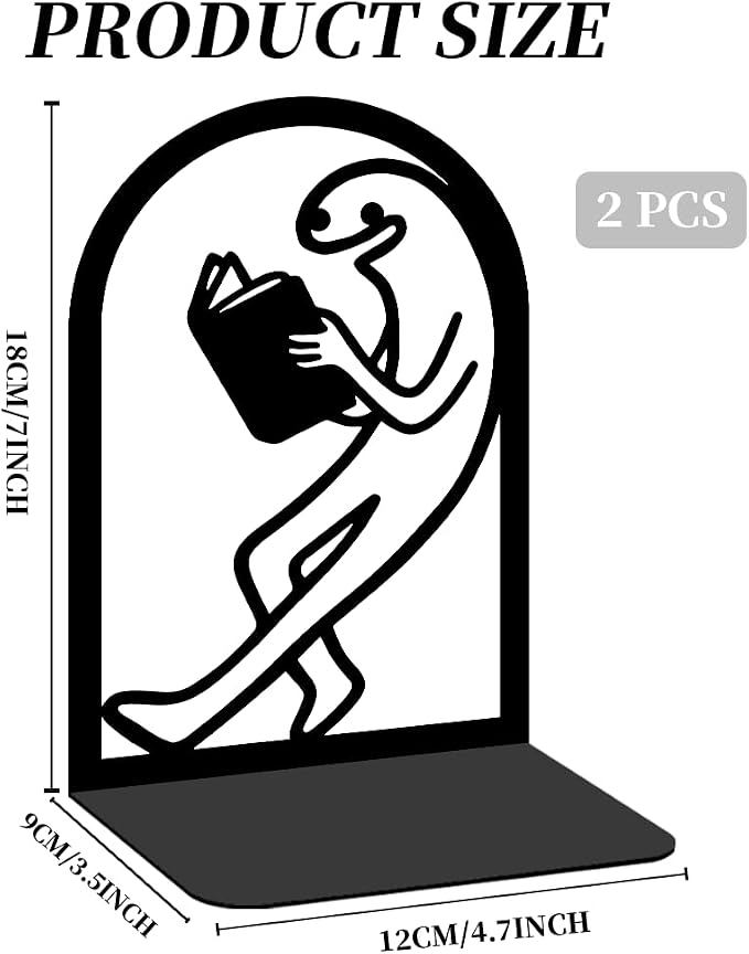 Black Metal Bookends for Shelves Decor Humorous Figure Cute Heavy Duty Bookends for Book Supports, Unique Book Stopper for Office Book Holder Shelf Accessories 1 Pair/2 PCS