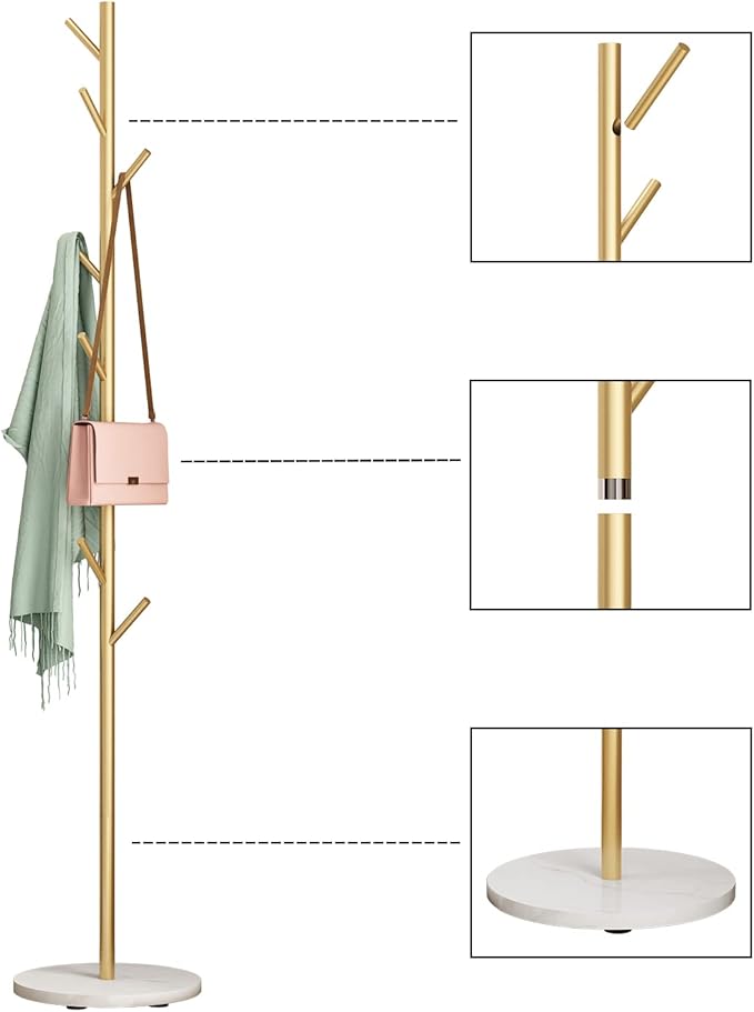 DOORXIFO Gold Coat Racks, Metal Coat Rack Freestanding with Hooks, Entryway Coat Rack Stand, Coat Racks with Marble Base, Coat Tree for Hanging Clothes, Hats, Bags