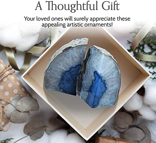 Nature's Decorations Blue Agate Bookends – A+ Grade Geode Heavy Duty Decorative Stone Crystal for Shelves & Bookcases, Natural Polished Bookshelf Decor, 1 Pair 6-8Lbs