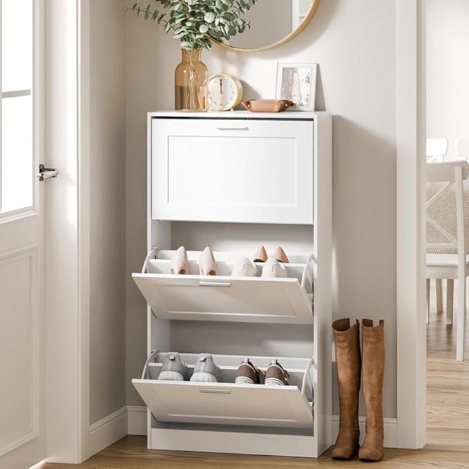 Haotian Shoe Cabinet Storage for Entryway, Narrow Shoe Cabinet with Three Flip Drawers to Save Space, Shoe Rack Cabinet for Front Door Entrance Hallway (White)